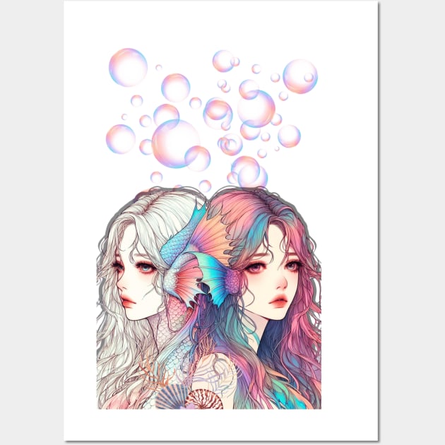 Pastel Sibling Mermaid Anime Wall Art by ALM Artbox